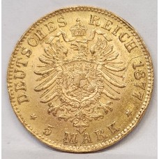 GERMAN BAVARIA STATE 1877 D . FIVE 5 MARKS . GOLD COIN